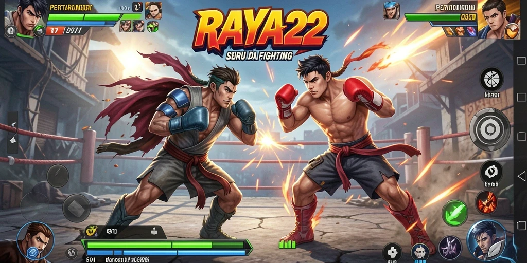 Screenshot gameplay RAYA22 menampilkan pertarungan seru antara karakter yang berbeda.